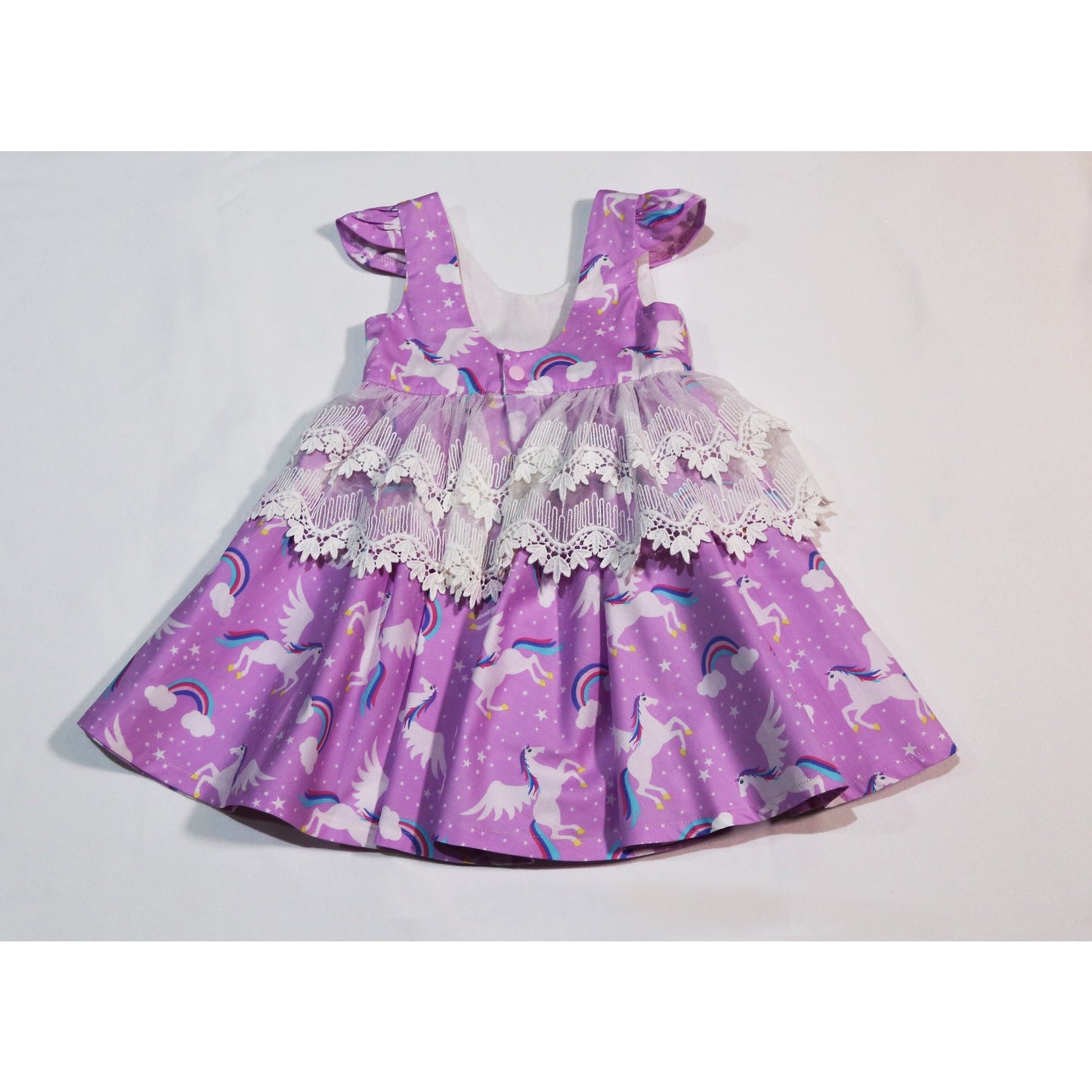 Dress - Capped Sleeves, Unicorns and Rainbows on Lilac Fabric, Lace on Waistline