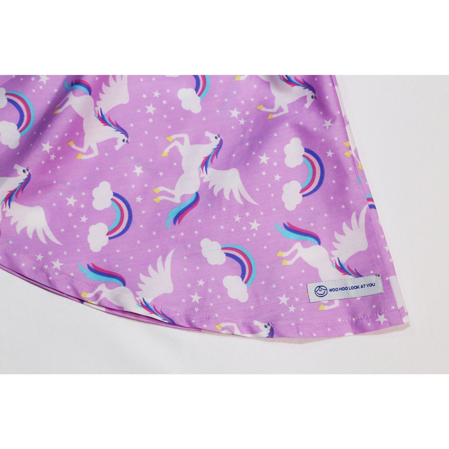 Dress - Capped Sleeves, Unicorns and Rainbows on Lilac Fabric, Lace on Waistline