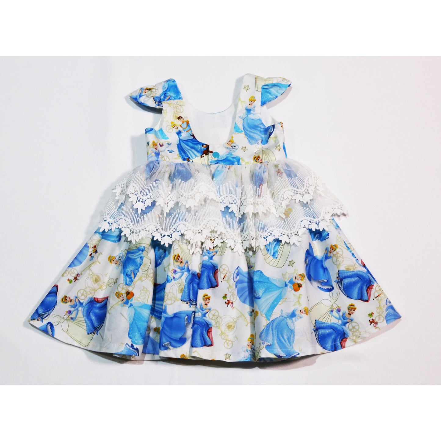 Dress - Capped Sleeves, Blue Princesses on White Fabric, Lace on Waistline