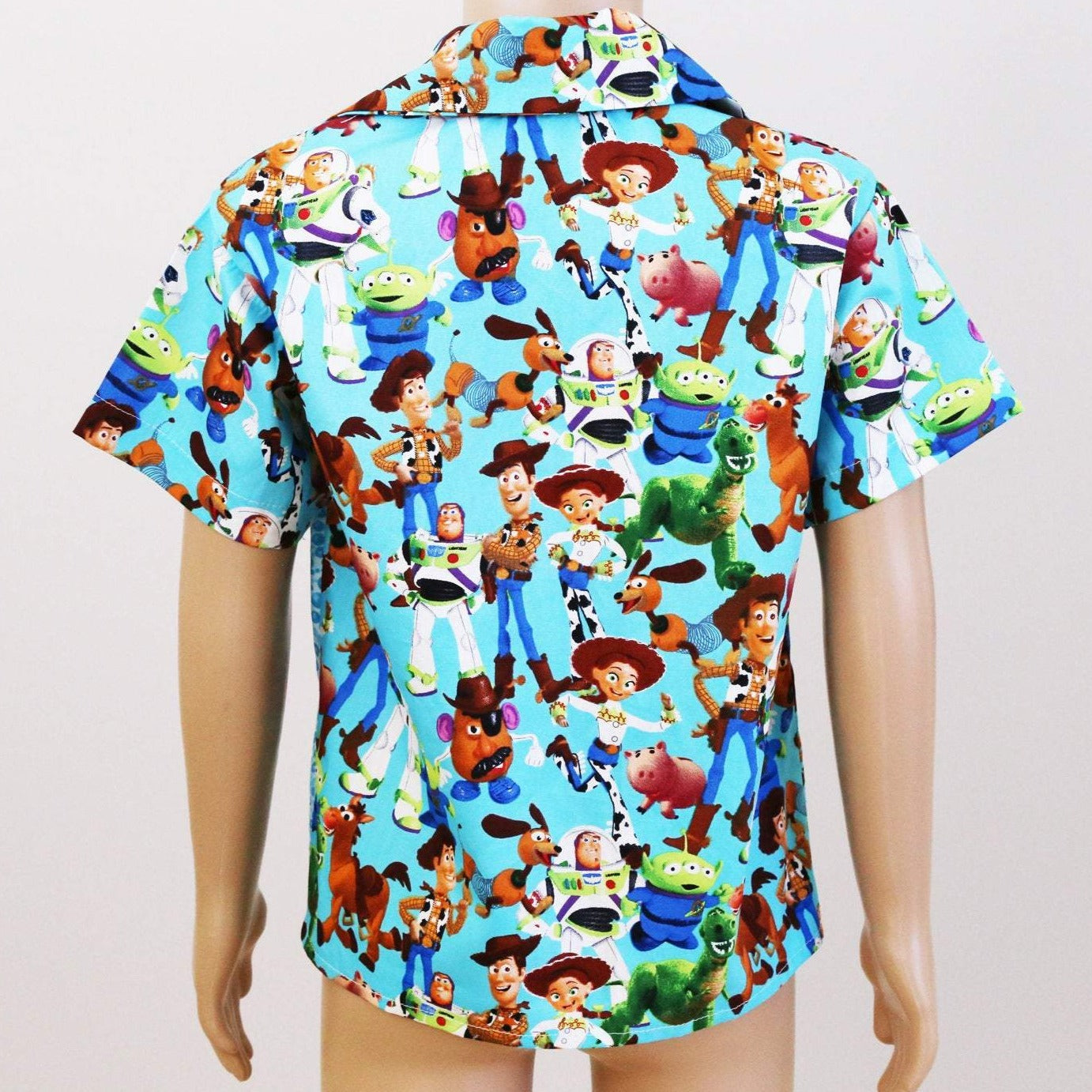 Shirt - Comic Characters on Light Blue with Contrasting Blue Spot Panel