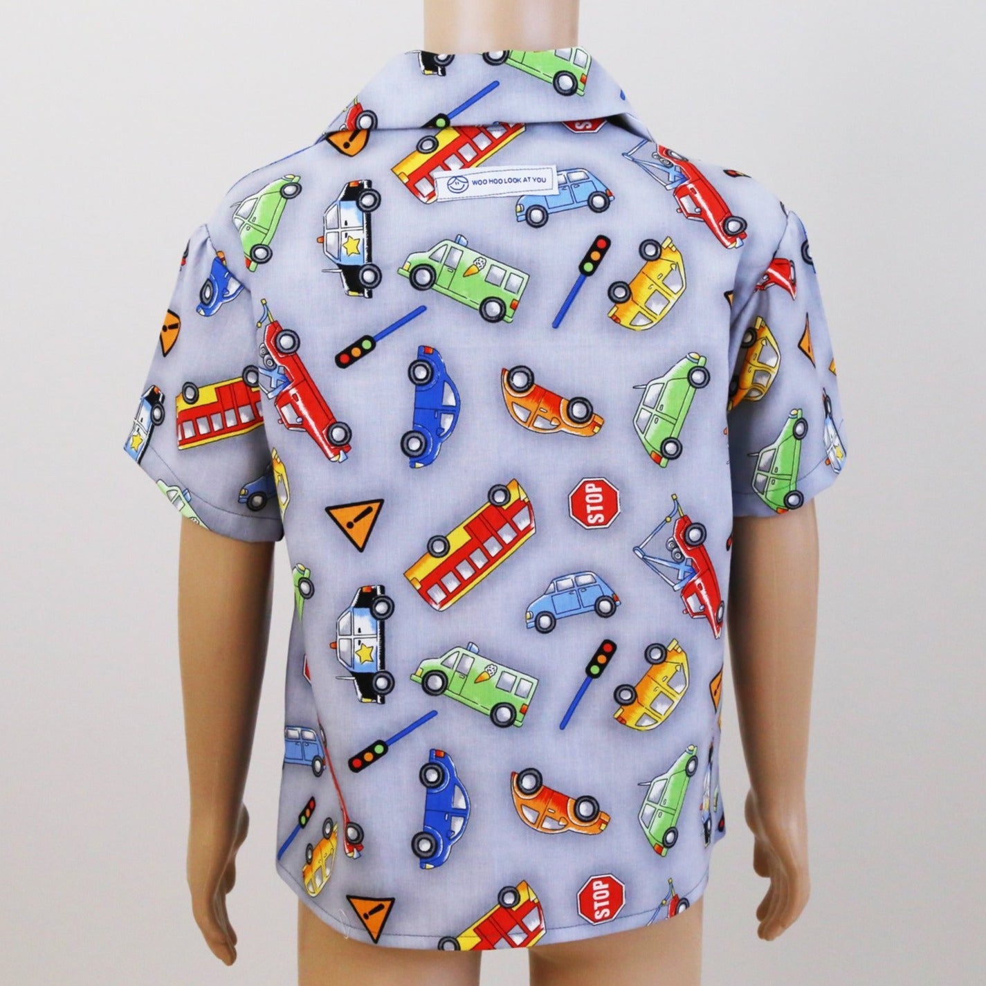 Shirt - Cars and Buses on Grey with Blue Contrasting Front Panel