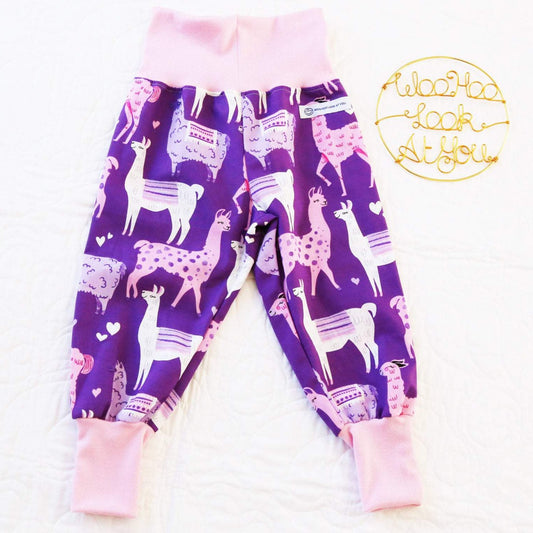 Pants - Harem - Ribbed Waist - Pink and Purple Llama with Pink Bands