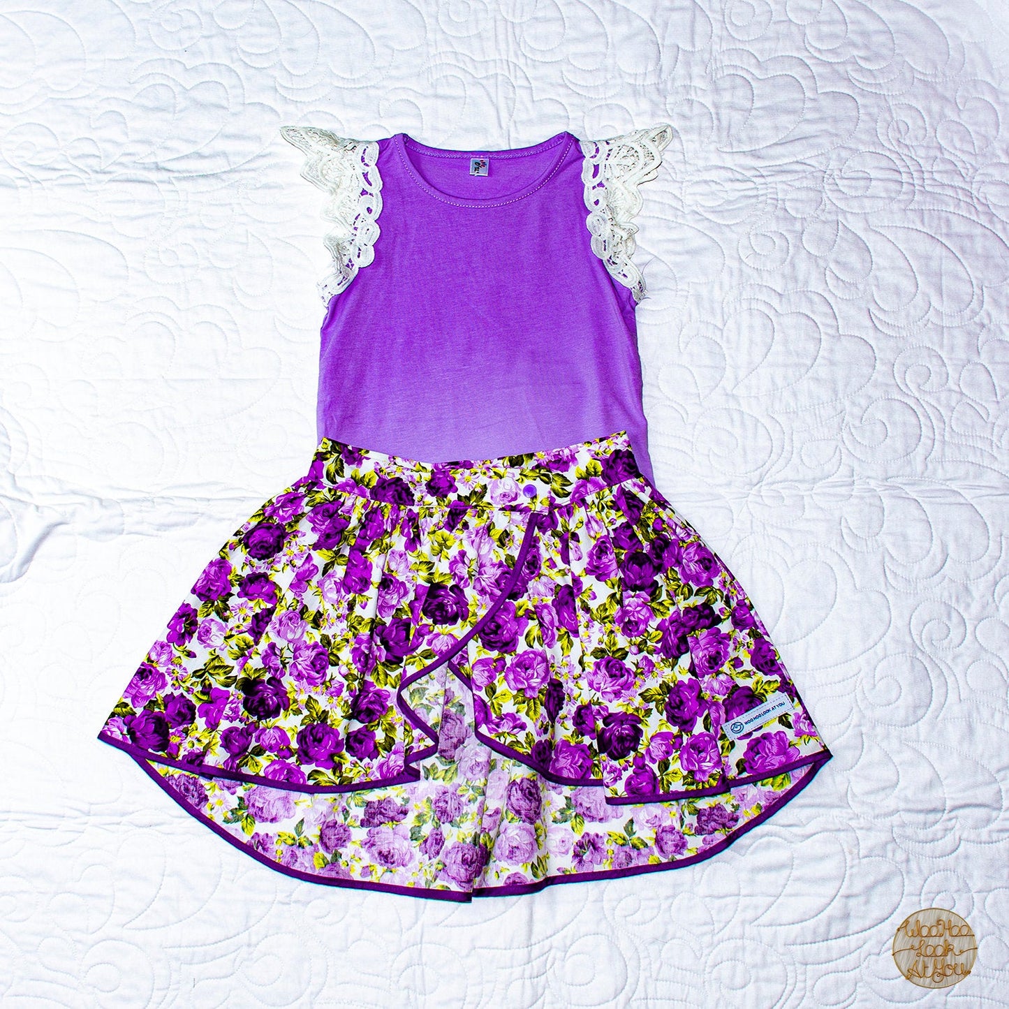 Skirt - Wrap -  Tadah Tulip Skirt-  Purple and Lilac Peony Roses on White
