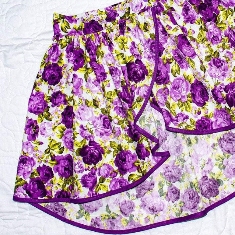 Skirt - Wrap -  Tadah Tulip Skirt-  Purple and Lilac Peony Roses on White