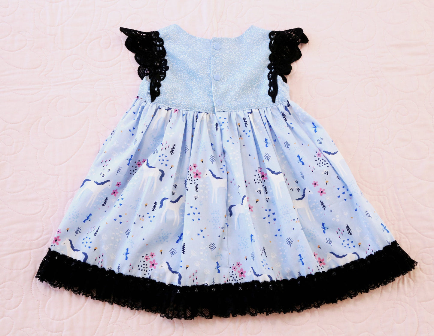 Dress - Maddie - Blue Unicorns with Black Lace Flutters and Black Lace Hemline
