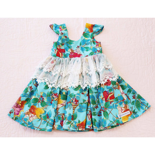 Dress - Capped Sleeves, Fairies on Teal Fabric, Lace on Waistline