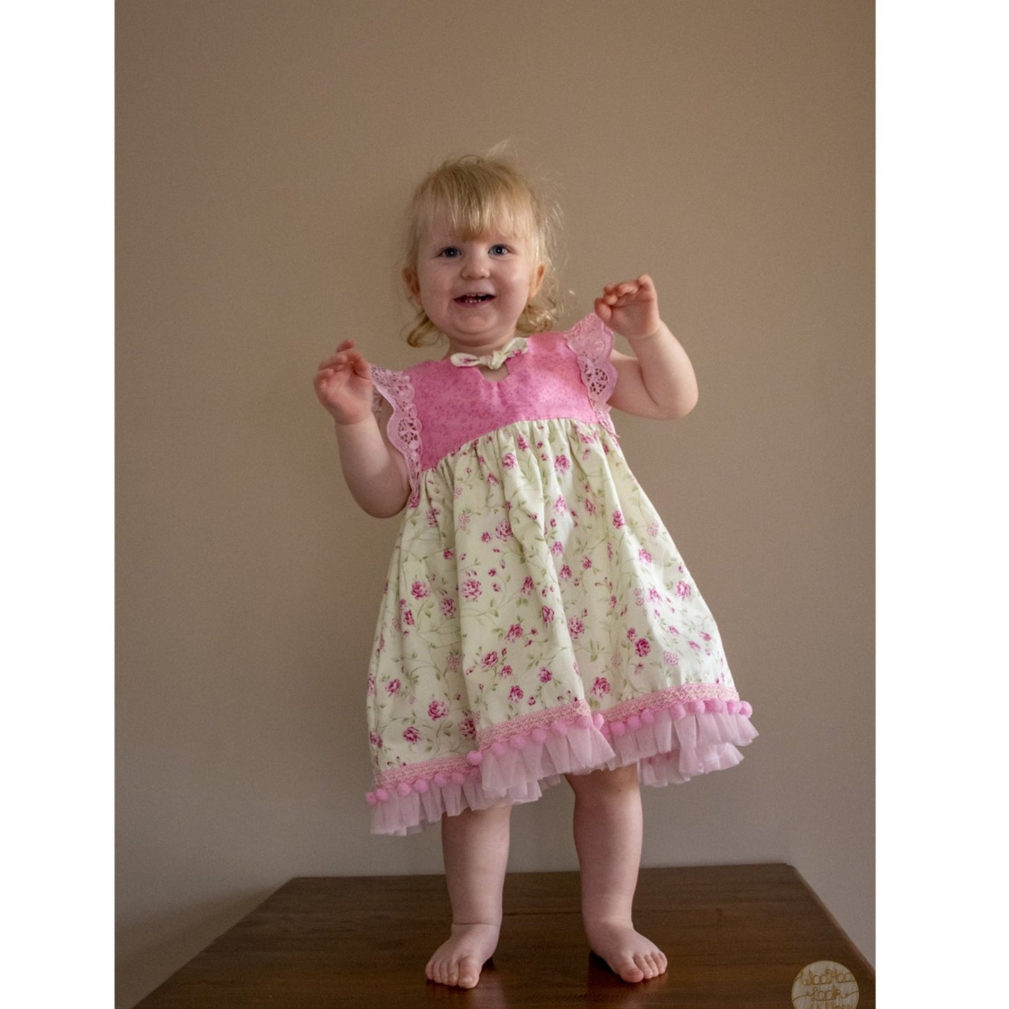 Dress - Maddie - Pink Bodice,  Pink Roses on Pale Mint Green Skirt with Light Pink Lace Flutters and Lace/Pom Pom Hemline