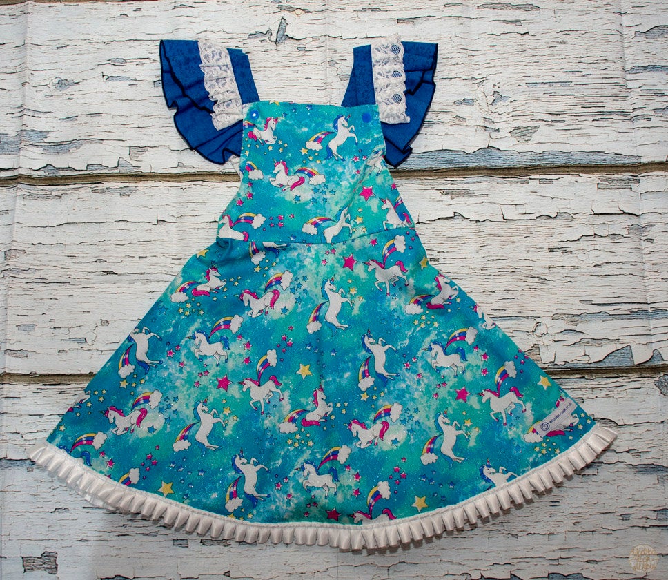 Dress - Pinafore - White Dancing Unicorns on Electric Blue with White Satin Trim