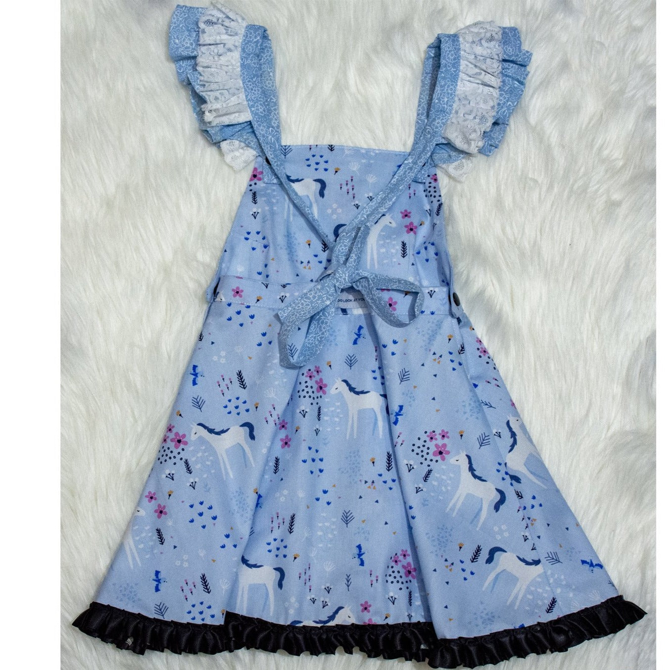 Dress - Pinafore - Ponies on Pale Blue with Pink Flowers - Black Satin Trim