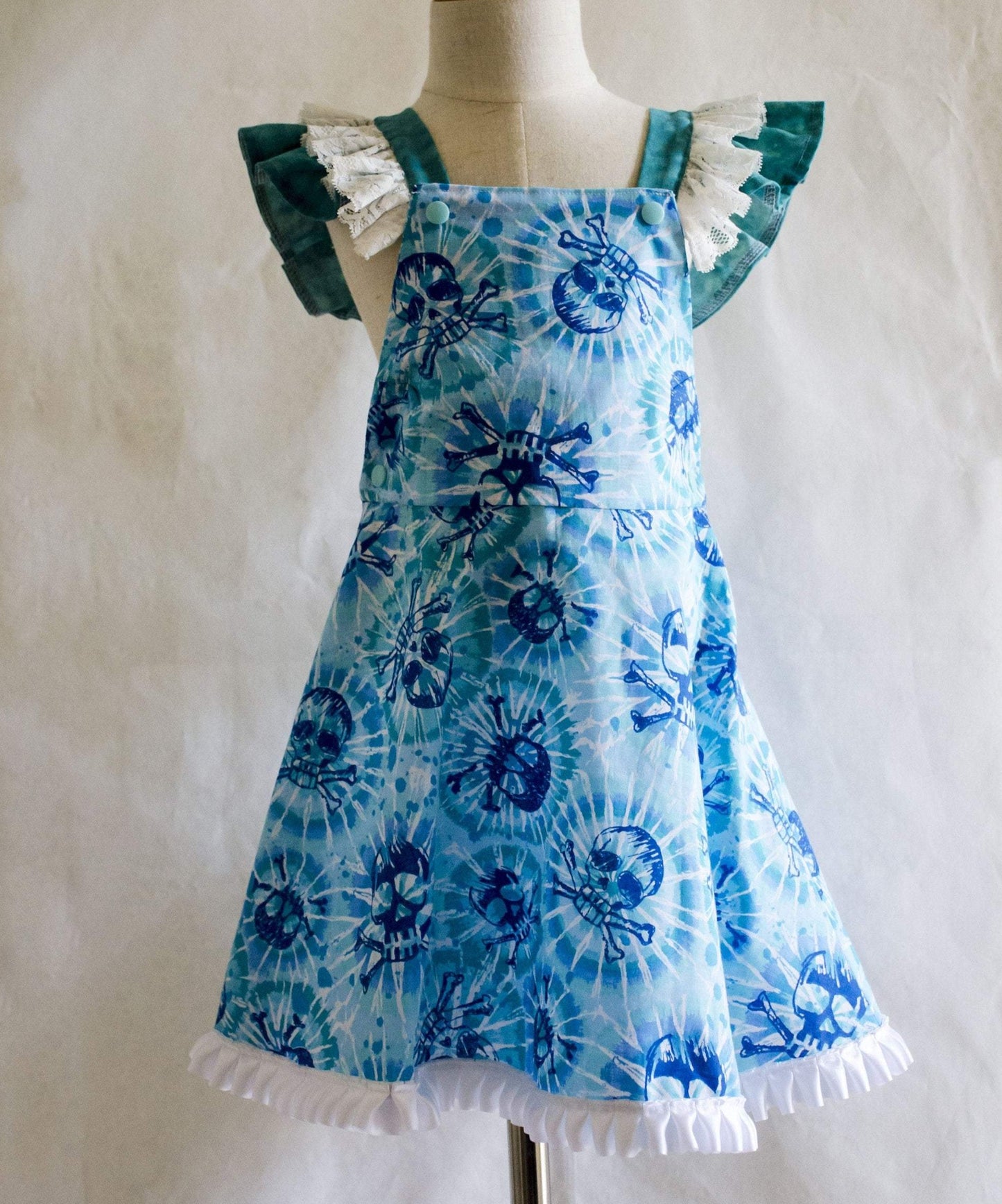 Dress - Halloween - Blue Skulls on a Tie Dye Cotton with Lace Trims