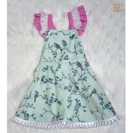 Dress - Pinafore - Birds on green background with White Satin Trim