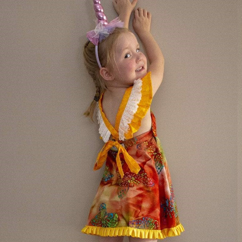 Dress - Pinafore - Multicoloured Batik Butterflies on Orange with SatinTrim
