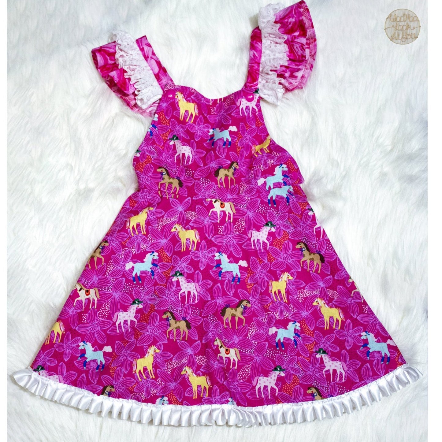 Dress - Pinafore - Prancing Horses on Pink with White Satin Trim