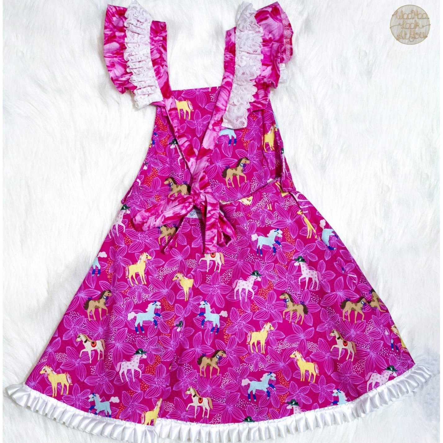 Dress - Pinafore - Prancing Horses on Pink with White Satin Trim