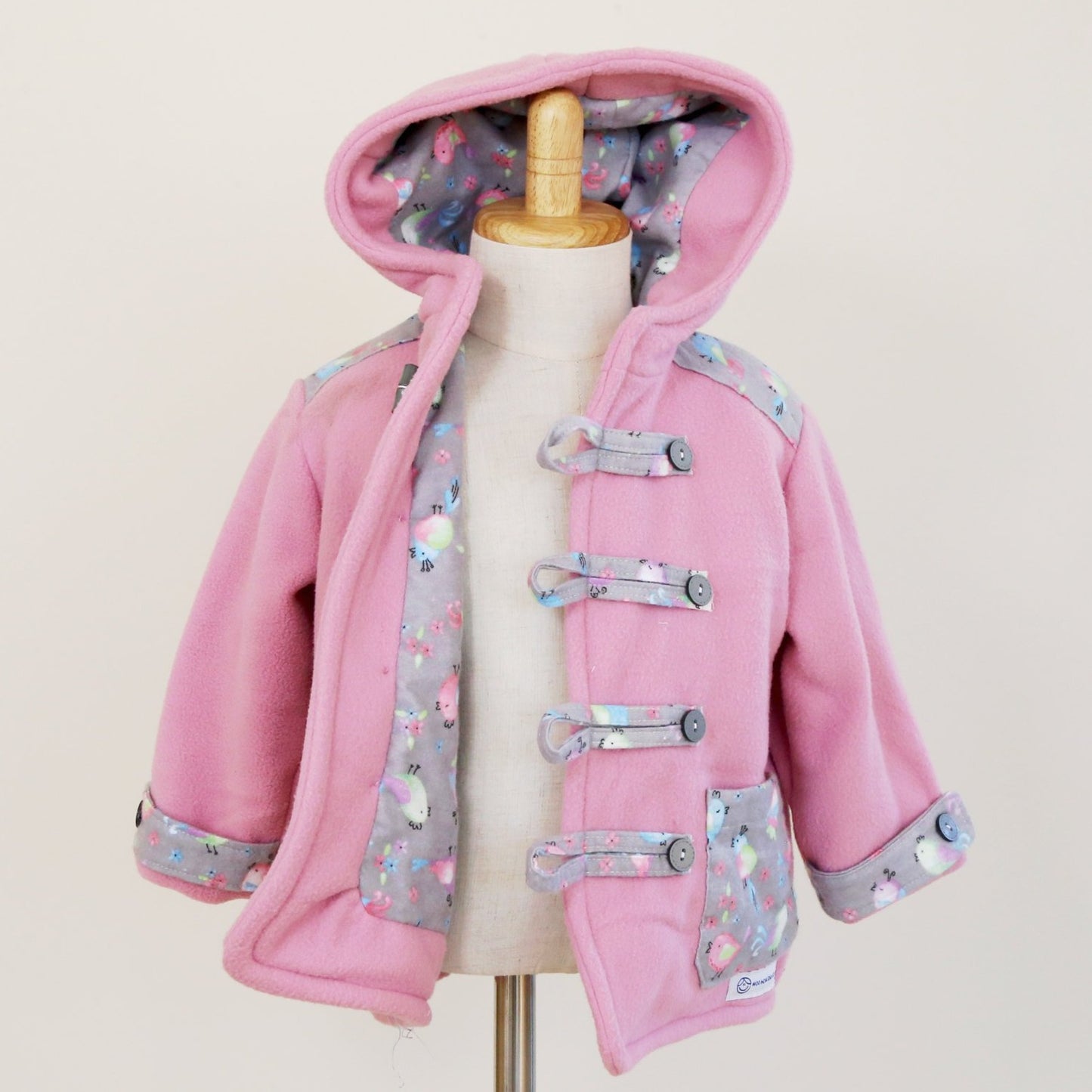 Coat - Duffle Coat - Pink Polar Fleece, Lining, Pockets and Toggles with Grey Decorative Bird Flannelette Fabric