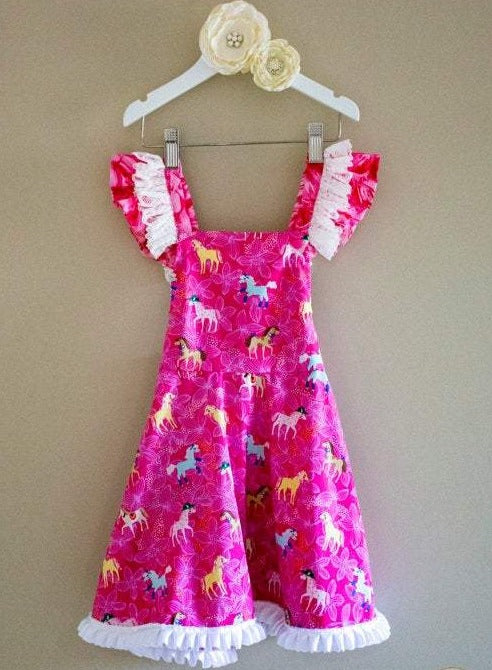 Dress - Pinafore - Prancing Horses on Pink with White Satin Trim