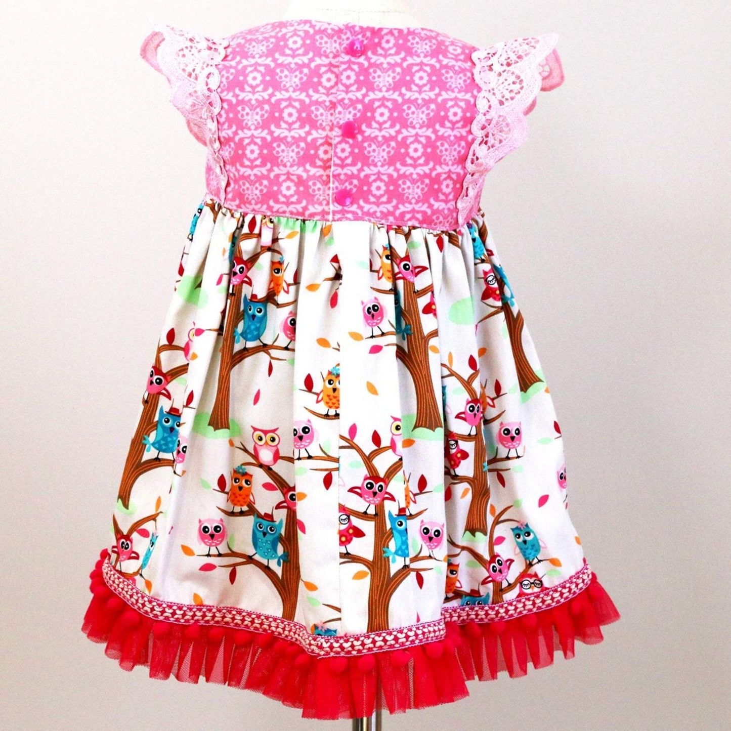Dress - Maddie - Floral Pink Bodice, Colourful Owls on Cream, Lace & Pom Poms