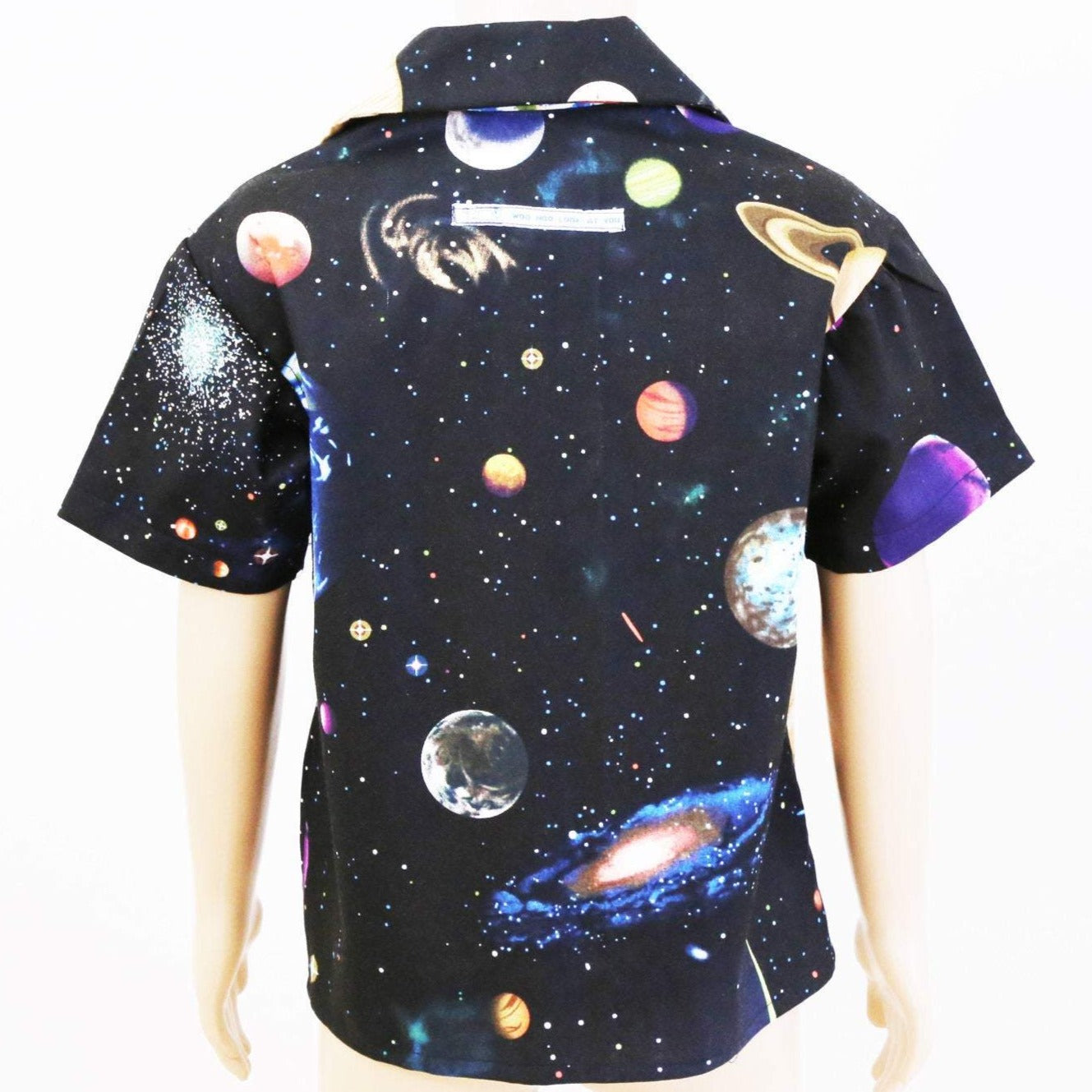 Shirt - Space Theme on Black with White Spot Contrasting Panel, Space Pocket