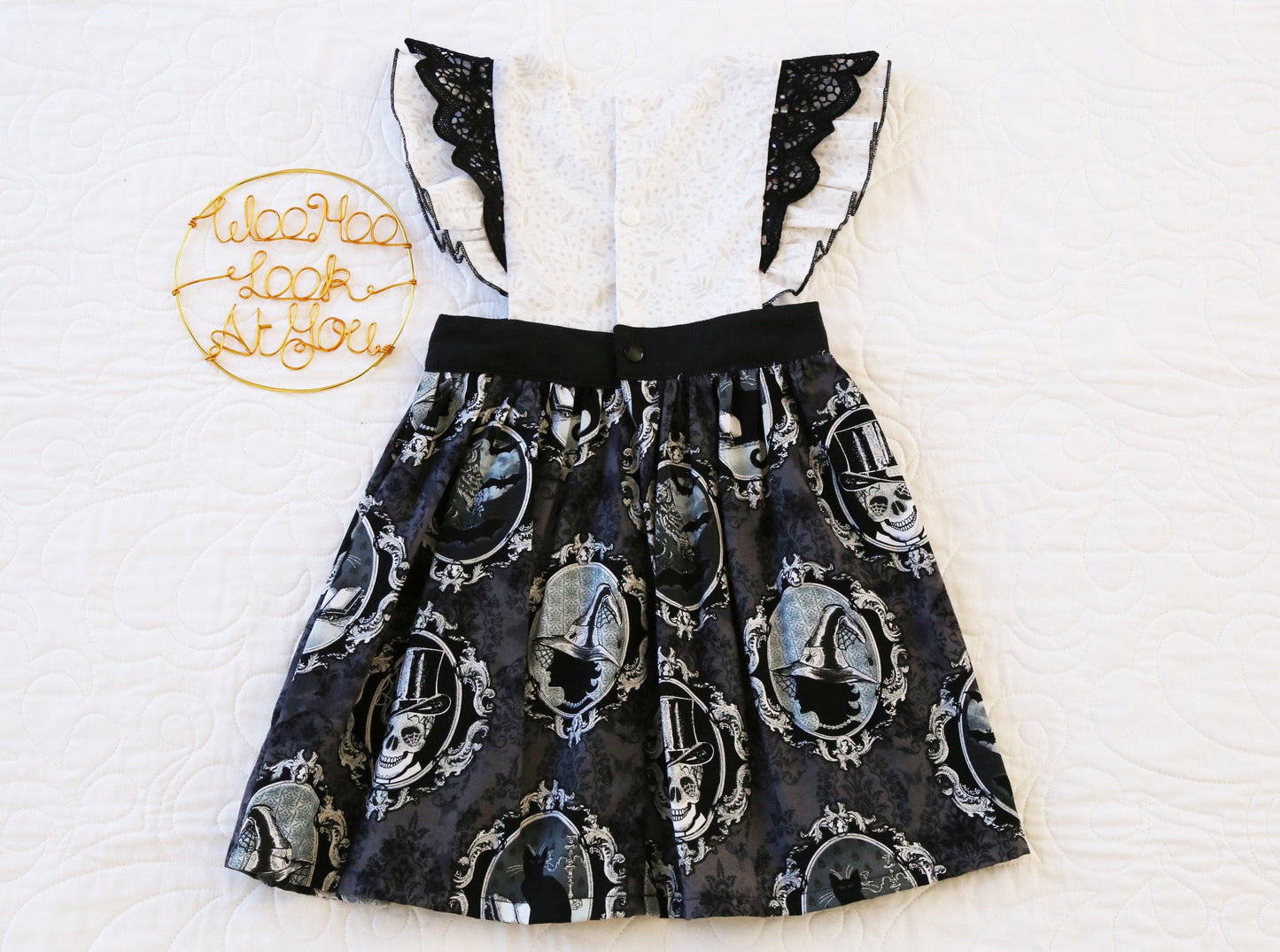 Dress - Halloween - Emma Polly Black Skull Portraits Black Cats with Lace Flutter