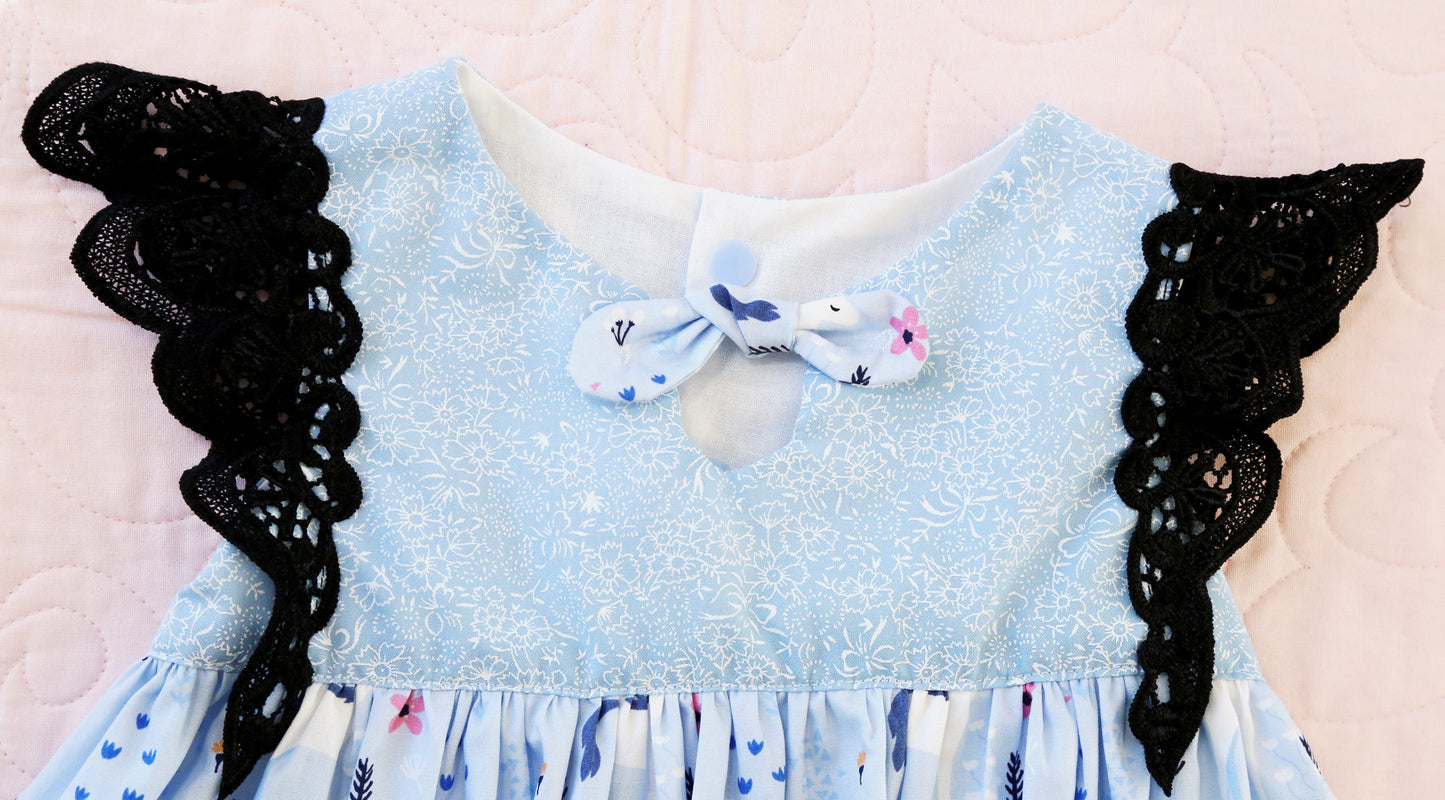 Dress - Maddie - Blue Unicorns with Black Lace Flutters and Black Lace Hemline