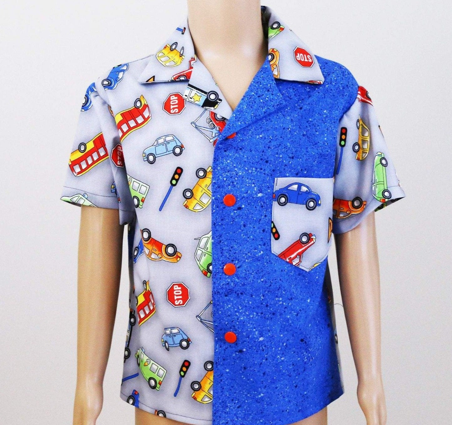 Shirt - Cars and Buses on Grey with Blue Contrasting Front Panel