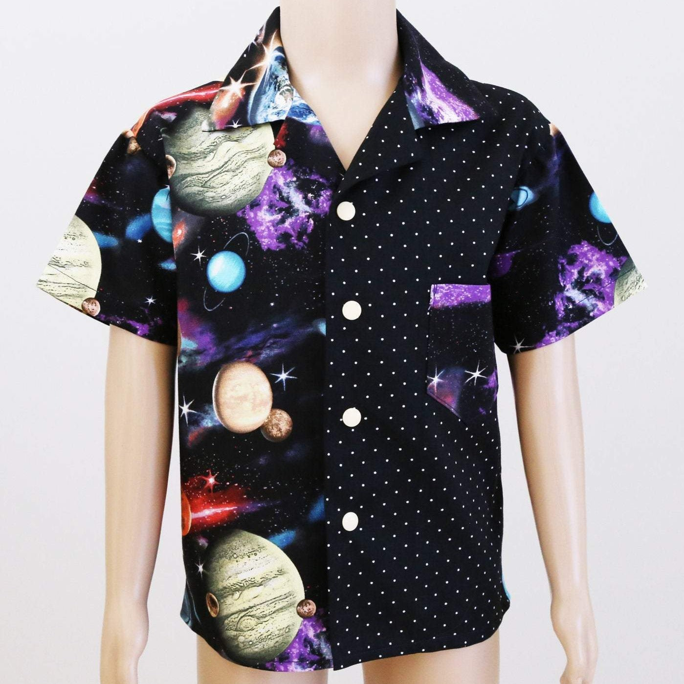 Shirt - Space Theme on Black with White Spot Contrasting Panel