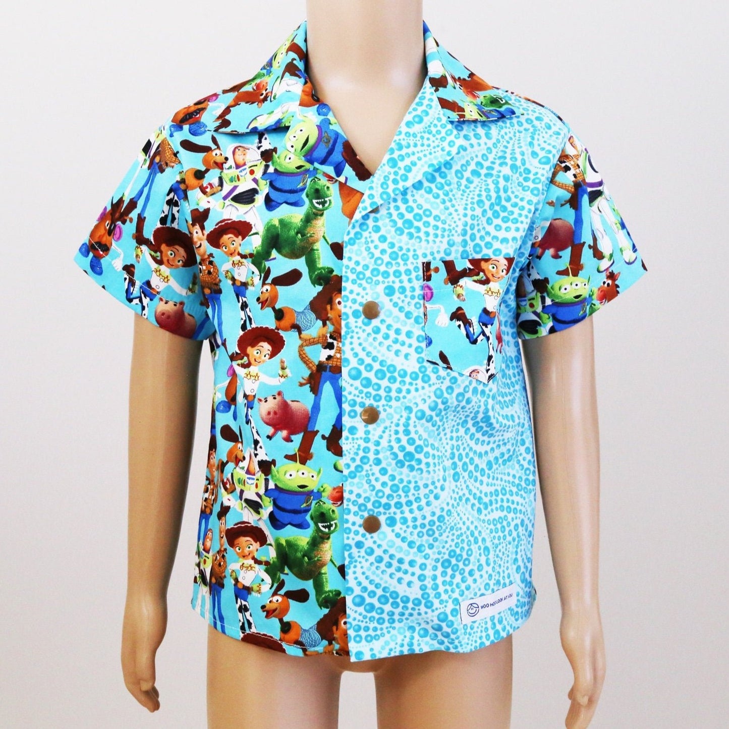 Shirt - Comic Characters on Light Blue with Contrasting Blue Spot Panel