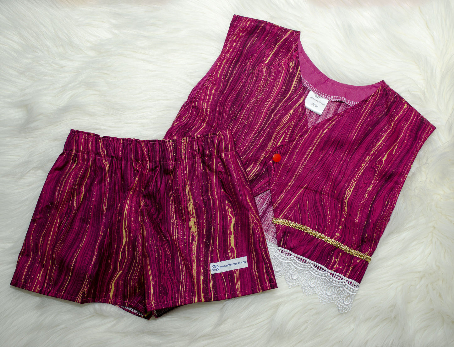 2 Piece - Laced Top and Shorts Burgundy