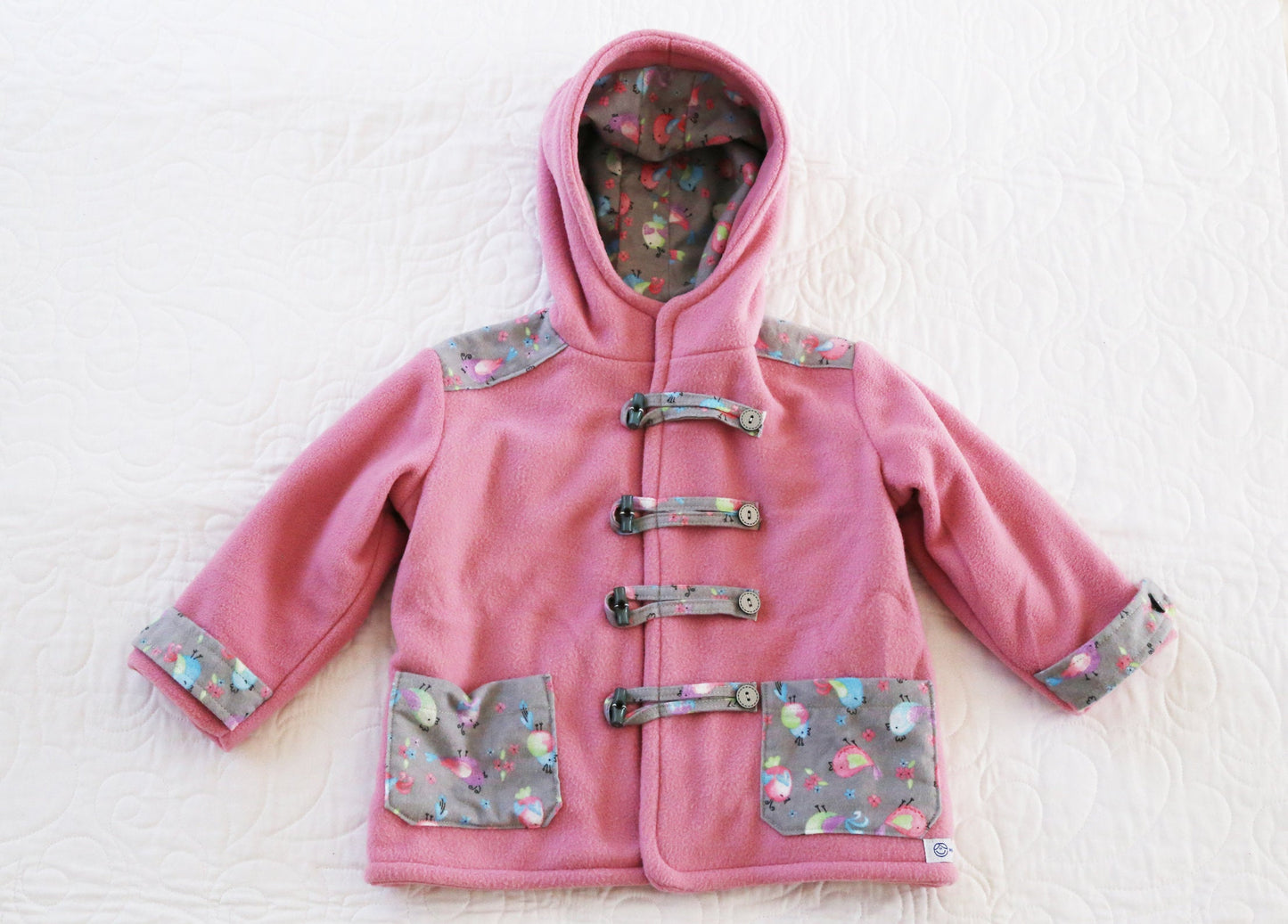 Coat - Duffle Coat - Pink Polar Fleece, Lining, Pockets and Toggles with Grey Decorative Bird Flannelette Fabric
