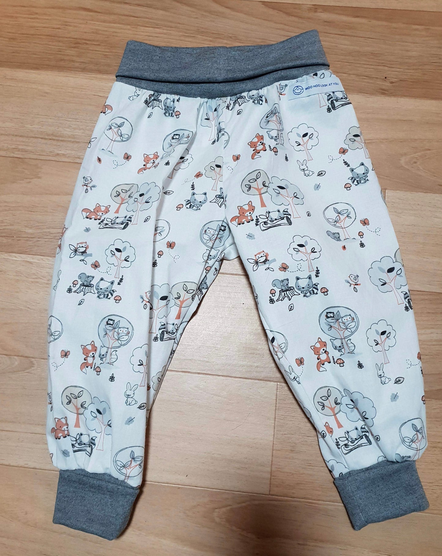 Pants - Harem - Ribbed Waist - Forest Animals on White with Grey Bands