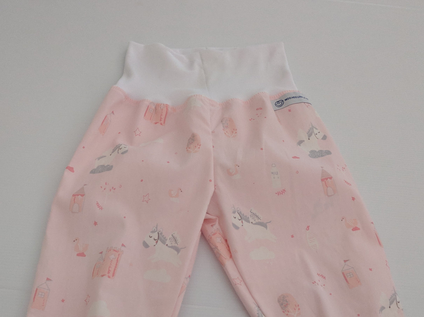 Pants - Harem - Ribbed Waist - Pastel Pink & White Unicorns with White Bands